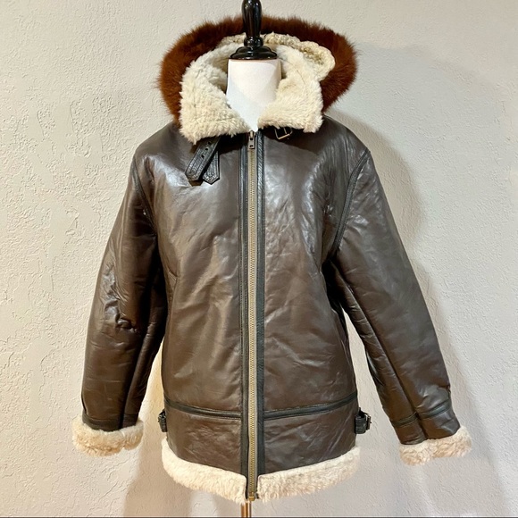 NWOT Brown Sheepskin Leather Shearling & Raccoon Fur B3 Bomber Jacket - Picture 6 of 15